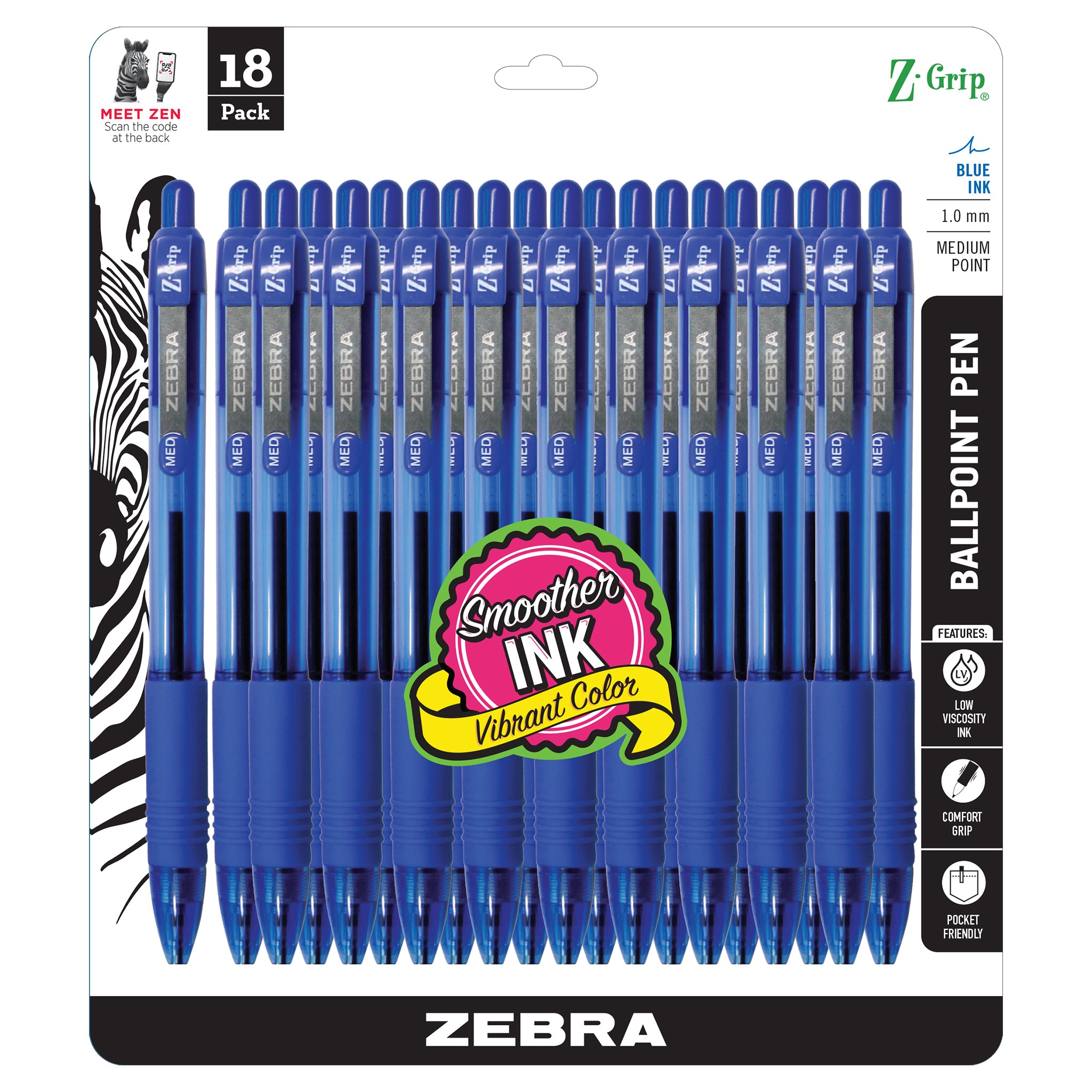 22258Z-GripRetractableBallpoint1.0mm-BL-18pk