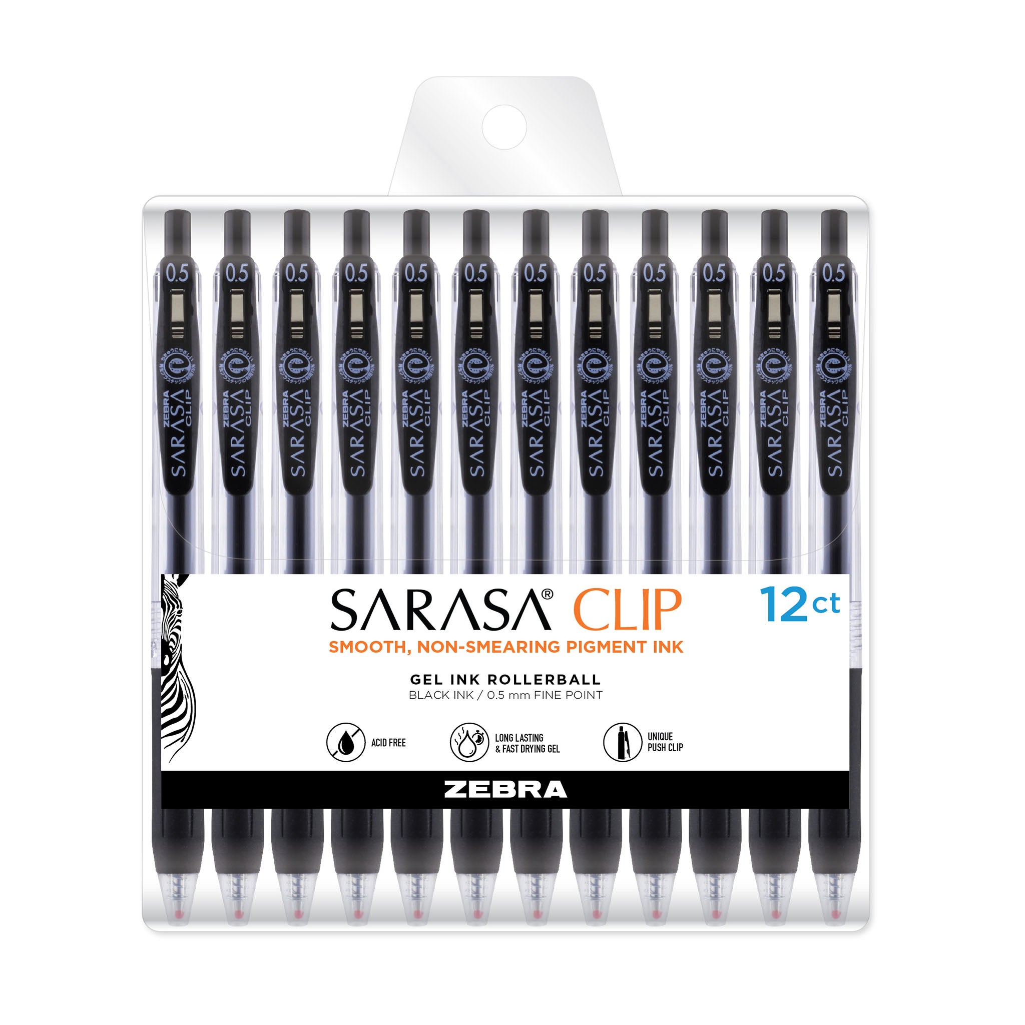 44010SarasaClipGelRetractable0.5mmBlack12Pk
