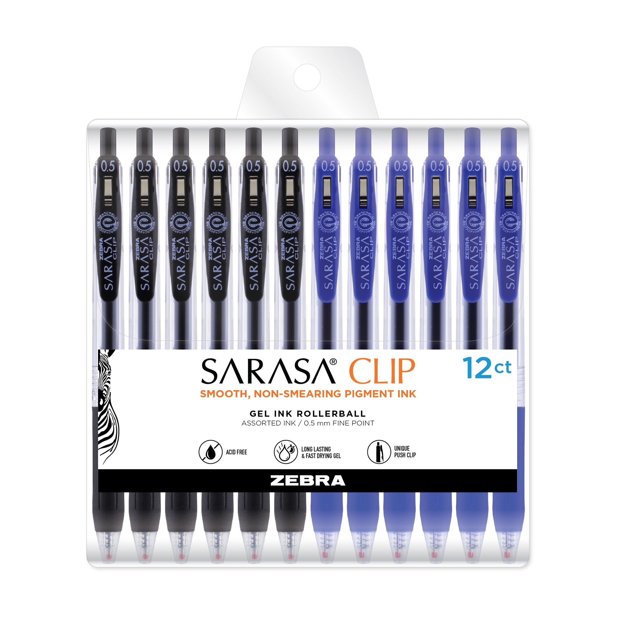 44200SarasaClipGelRetractable0.5mmBlackBlue12Pk