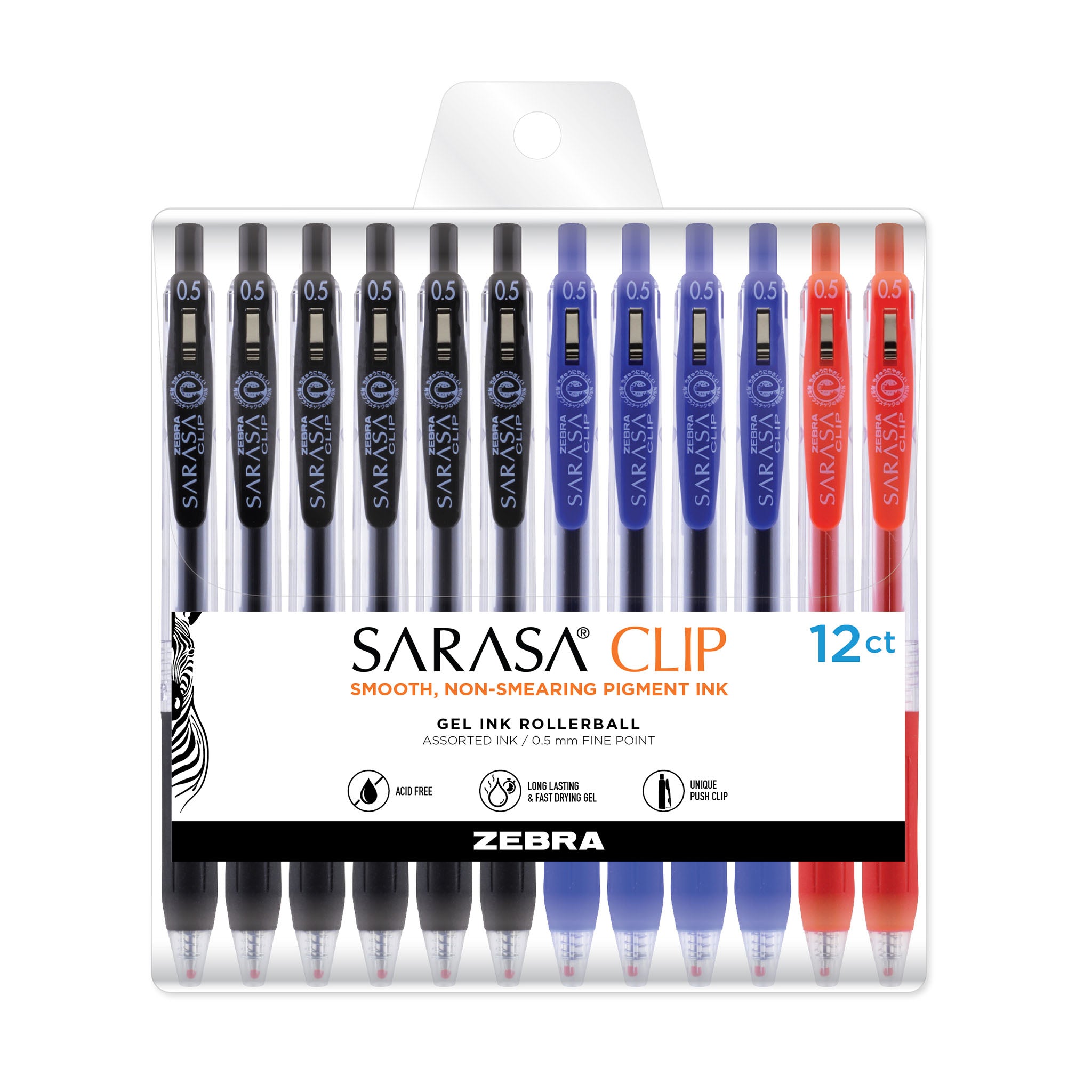 44300SarasaClipGelRetractable0.5mmBlackBlueRed12Pk