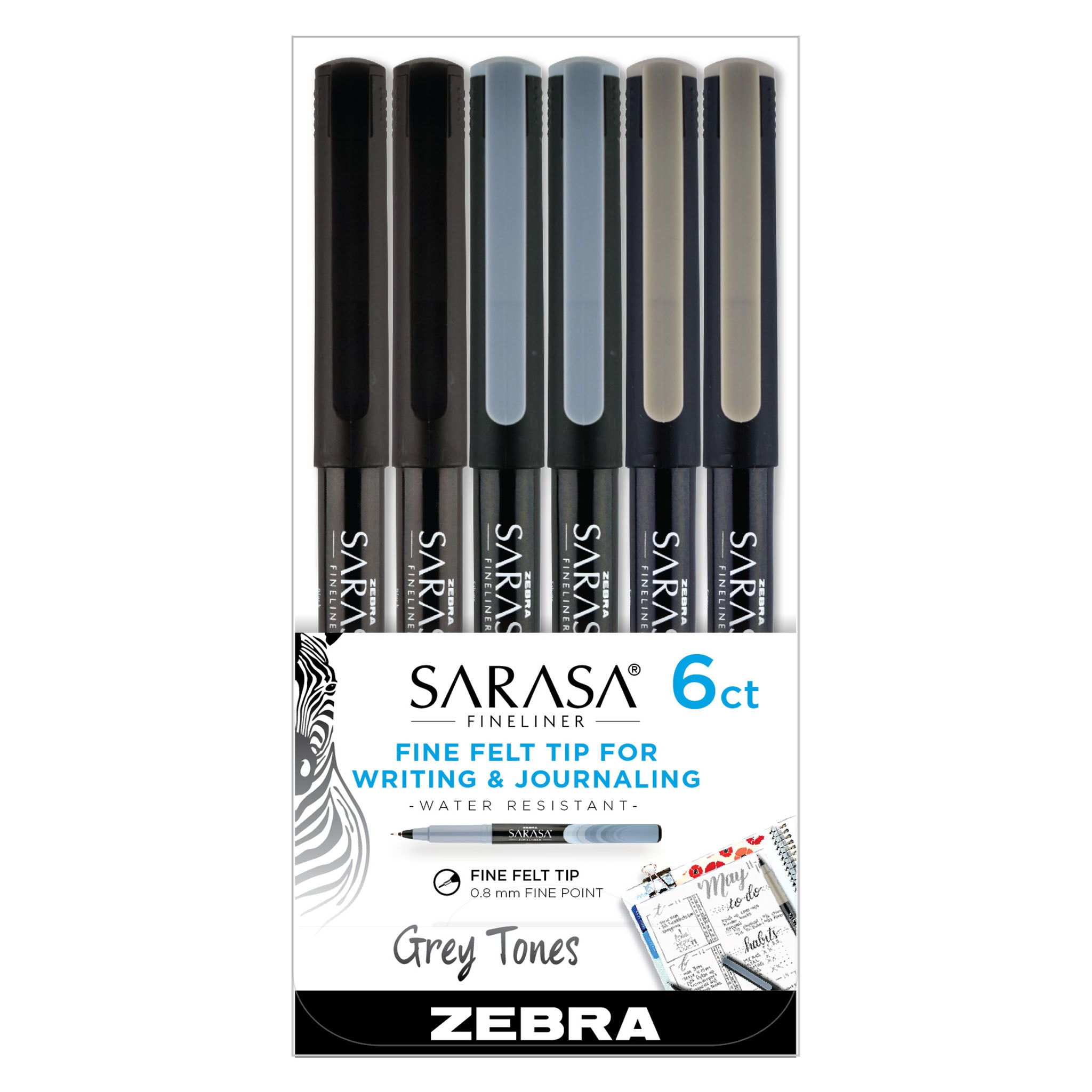 67206_Sarasa_Fineliner_Pen_0.8mm_Grey_Tones_Assorted_6Pk