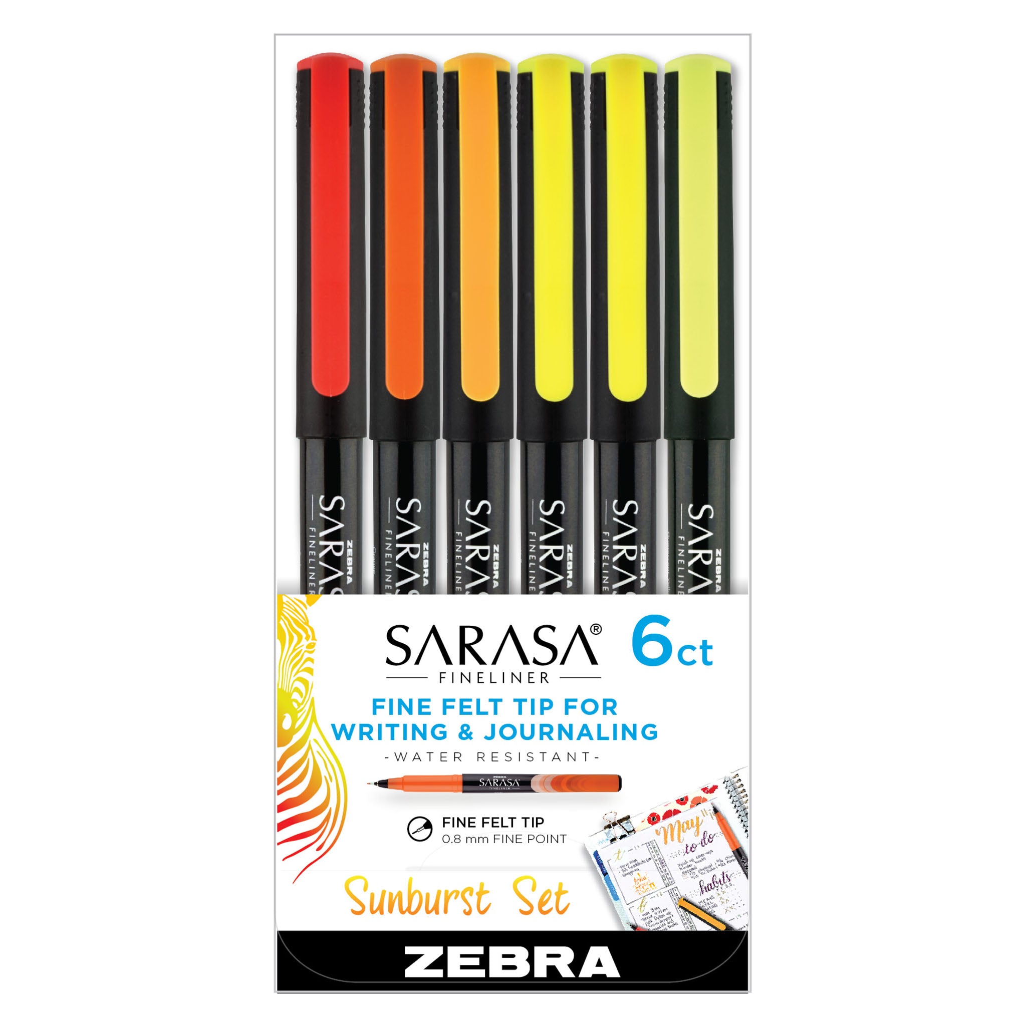 67306_Sarasa_Fineliner_Pen_0.8mm_Sunburst_Assorted_6Pk