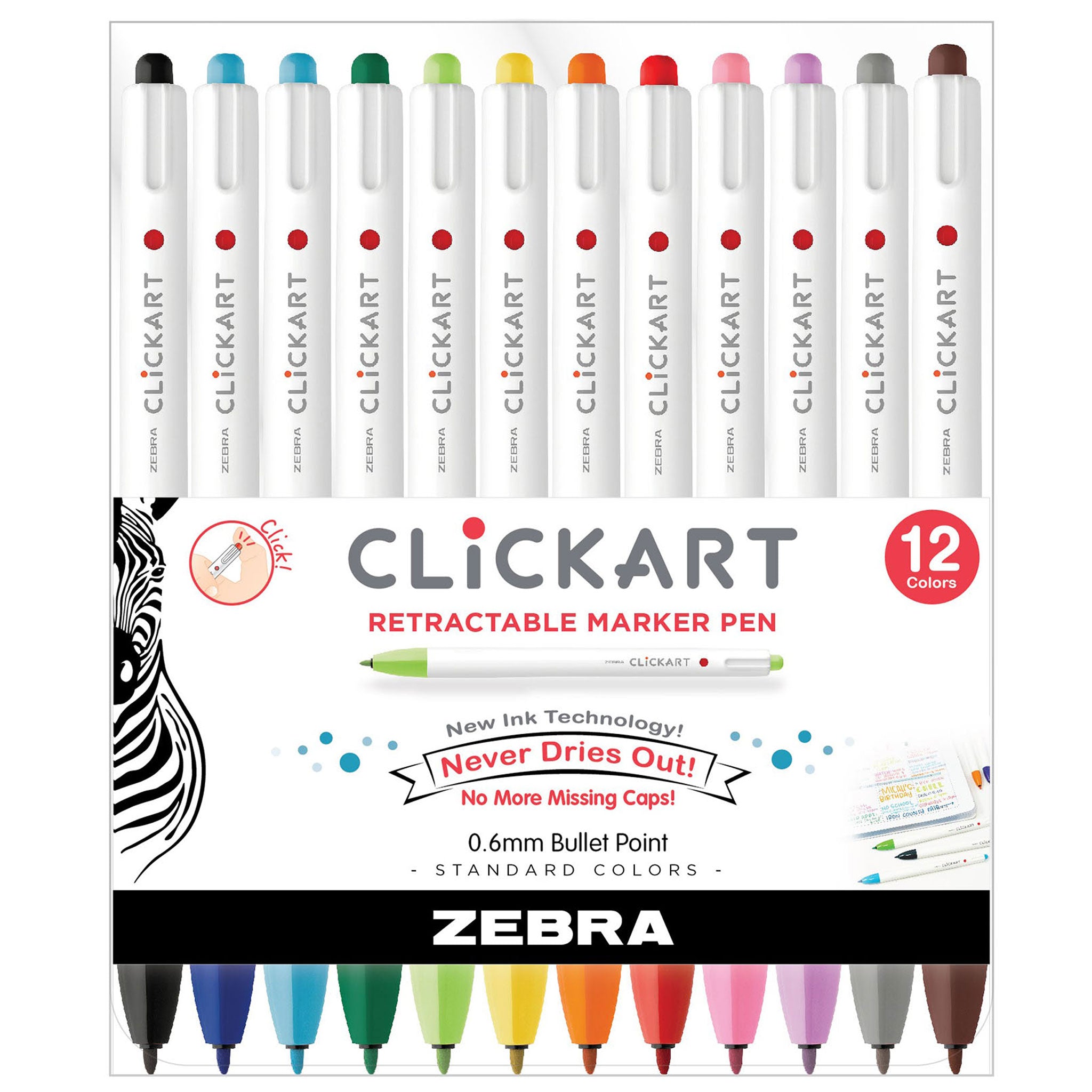 69012_ClickArt_Retractable_Marker_Pen_0.6mm_Assorted_12PK